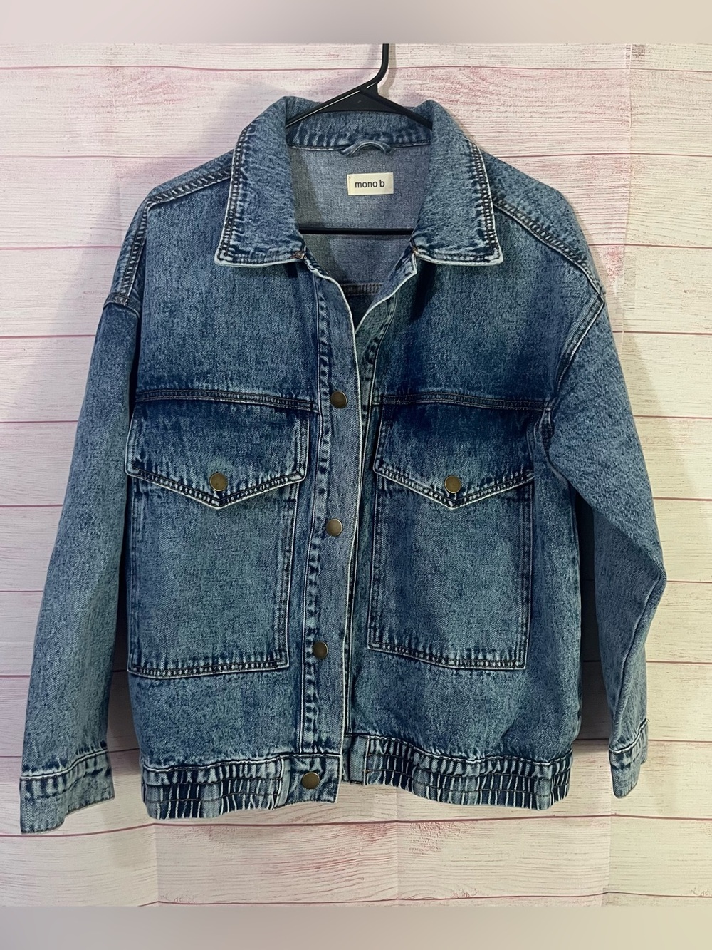 Mono B Full Snap Denim Jean Bomber Jacket Menu